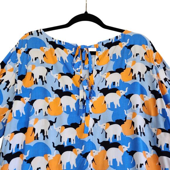 Crown & Ivy Womens Peplum Top Size XXL Bell Sleeves Elephant Print Orange Blue - Picture 6 of 10